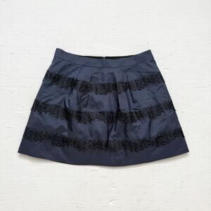 J.Crew Silk Navy Mini Skirt Size 2 Black Lace Trim Cocktail Party